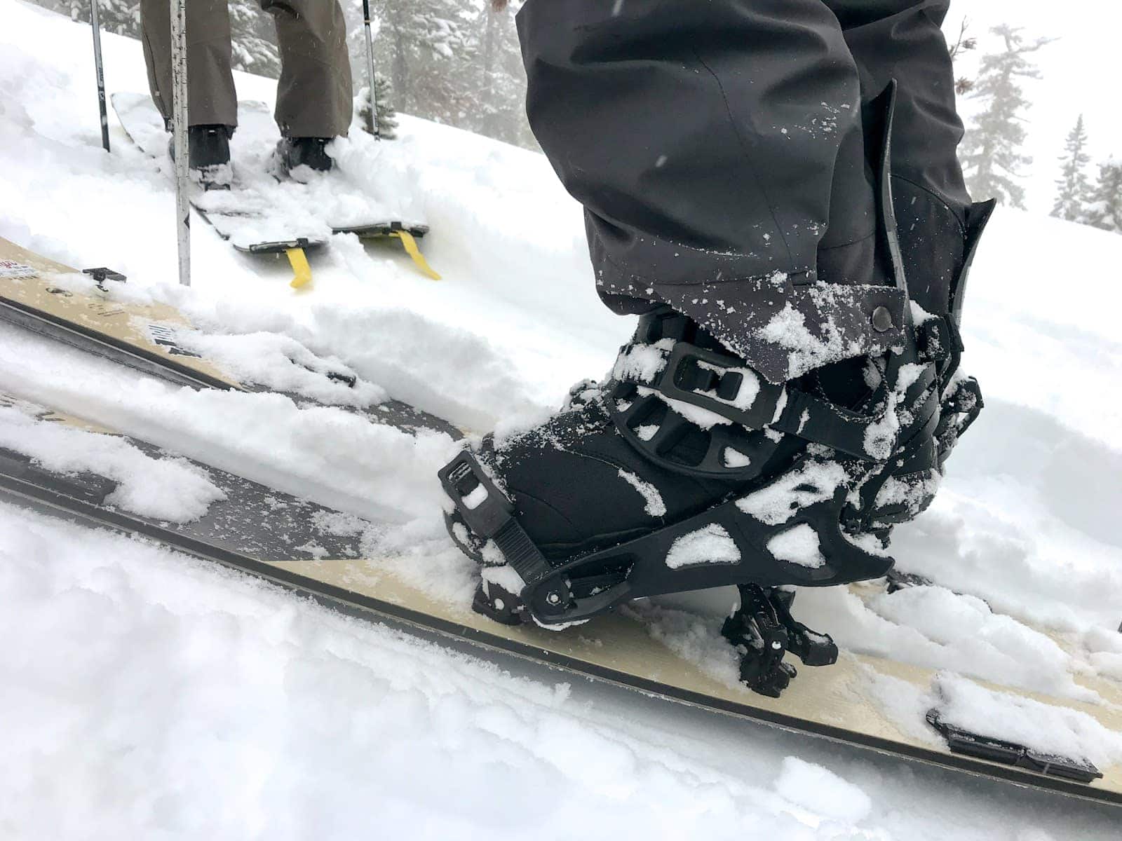 Traditional soft boots/bindings in uphill mode.
